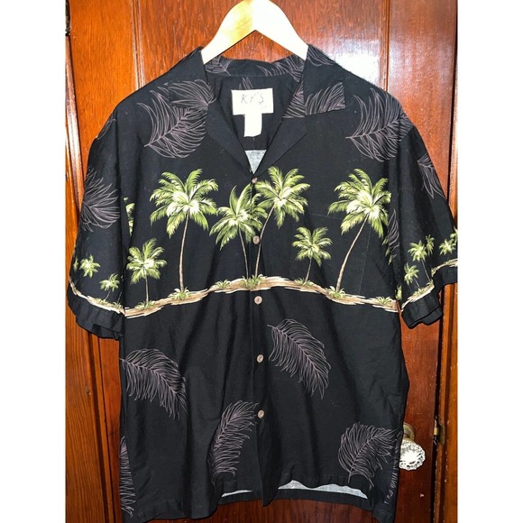KY'S SHIRT BLACK PALM TREE S/S COTTON HAWAIIAN ALOHA MADE IN HAWAII USA LARGE L - Picture 2 of 4